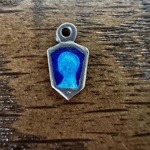 Tiny Vintage Blue Enamel Religious Medal – Silver Tone Charm